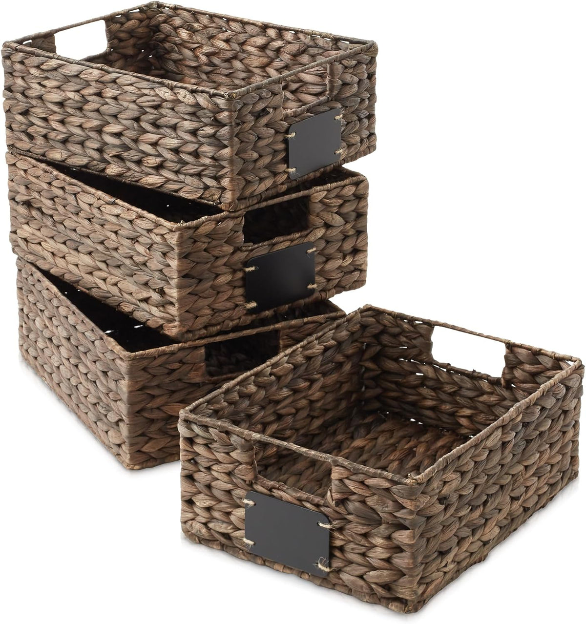 Casafield Set of 4 Water Hyacinth Pantry Baskets, 10" x 13" x 5", with Chalkboard Labels and Chalk Marker - Espresso, Woven Storage Bin Organizers for Kitchen Shelves