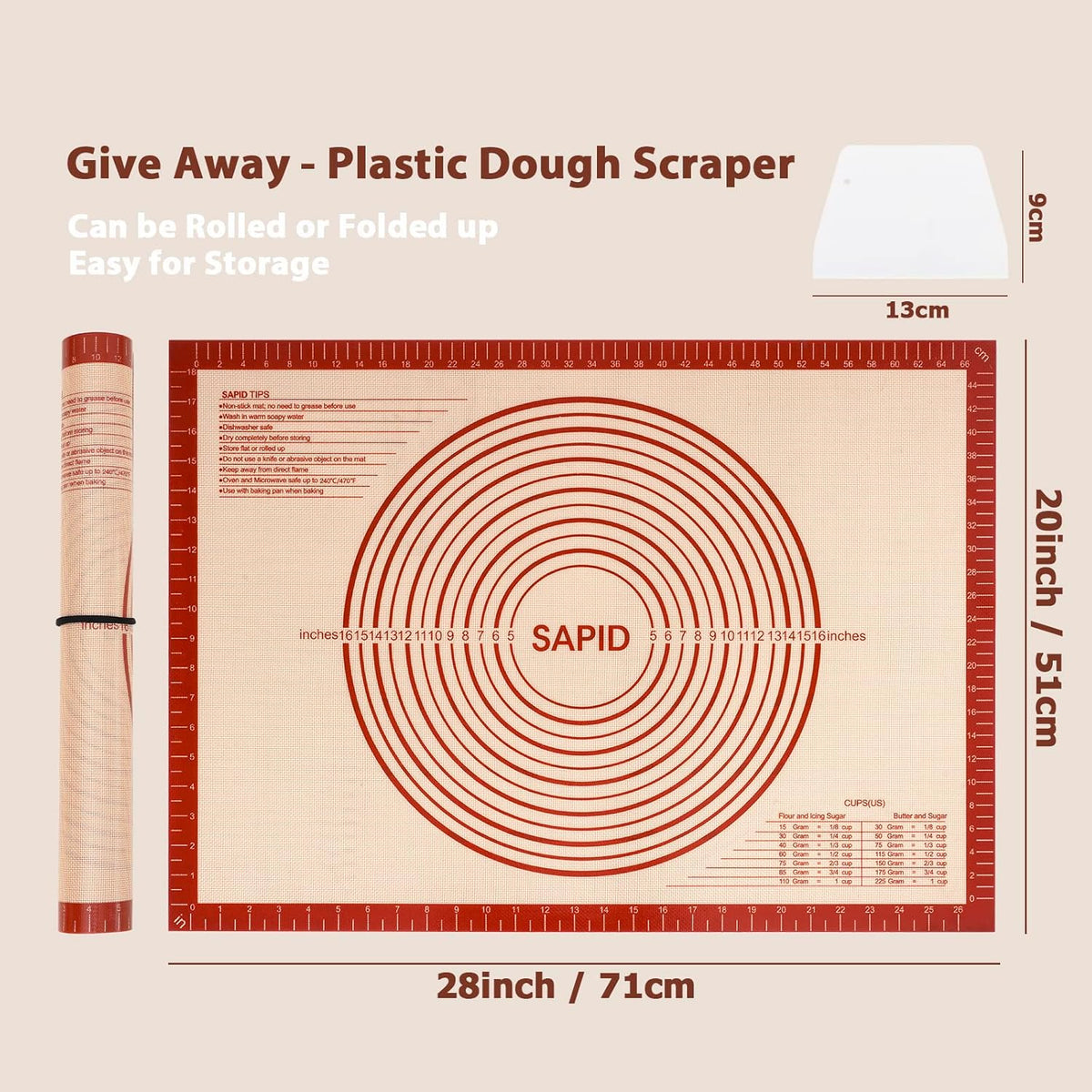 Sapid Extra Thick Silicone Pastry Mat Non-slip with Measurements for Non-stick Silicone Baking Mat Extra Large, Dough Rolling, Pie Crust, Kneading Mats, Countertop, Placement Mats (20" x 28", Red)
