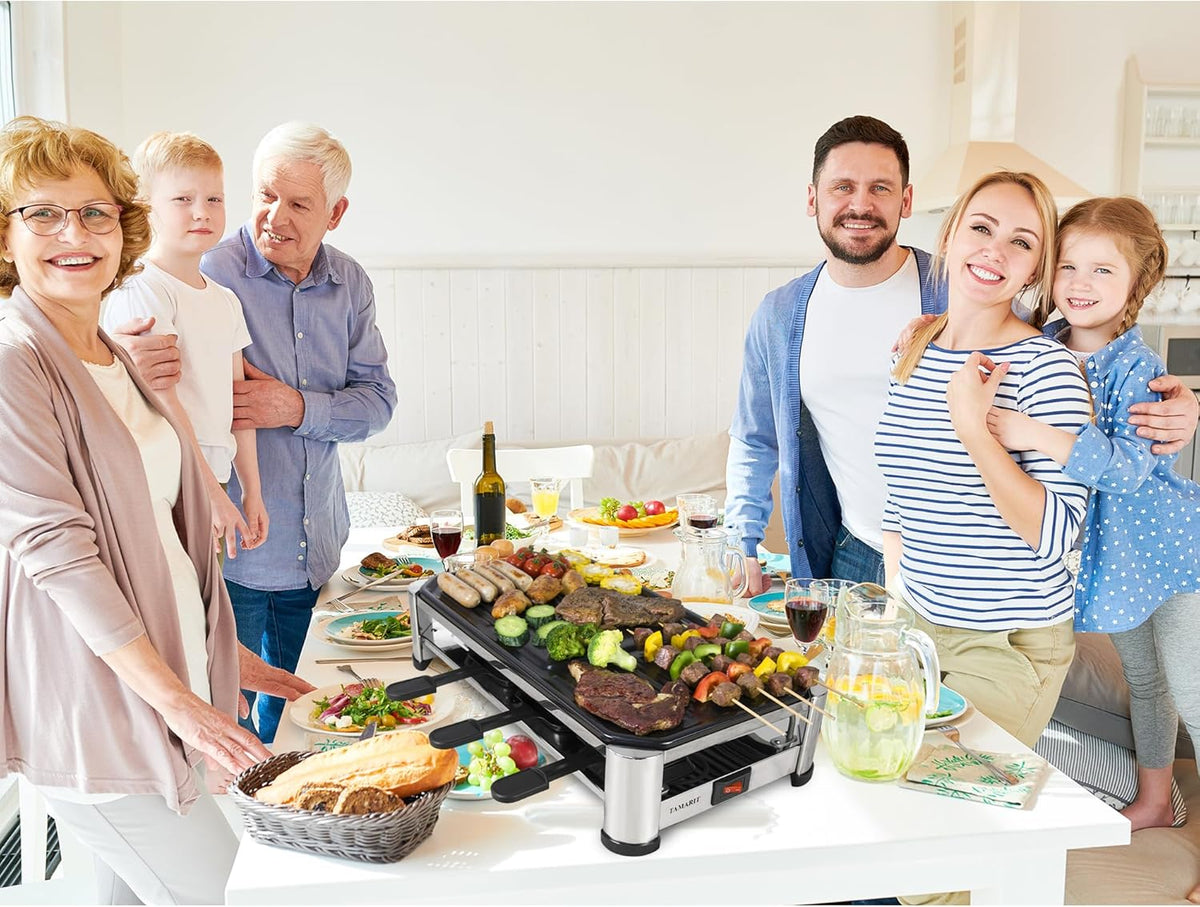 TAMARIT 8-Person Raclette Grill, Electric Party Grill with Nonstick Plate, 8 Pans & Spatulas, 1500 W (Indoor), Stainless Steel