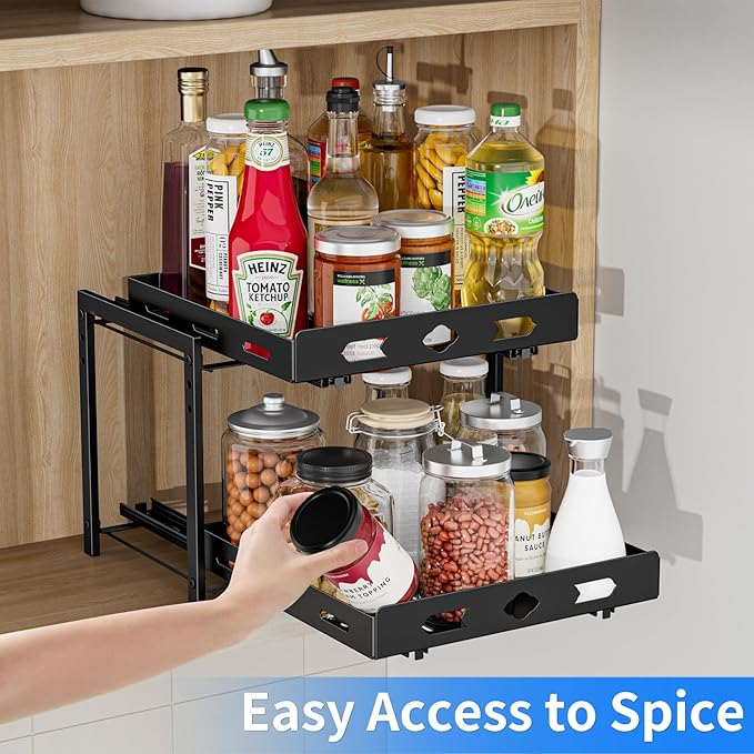 Pull Out Spice Rack Organizer for Cabinet, 2 Tier Cabinet Spice Rack Organizer, Height Adjustable Vertical Spice Rack for Kitchen Cabinet (11.9''Wx10.8''Dx9.2''H, Metal Black)