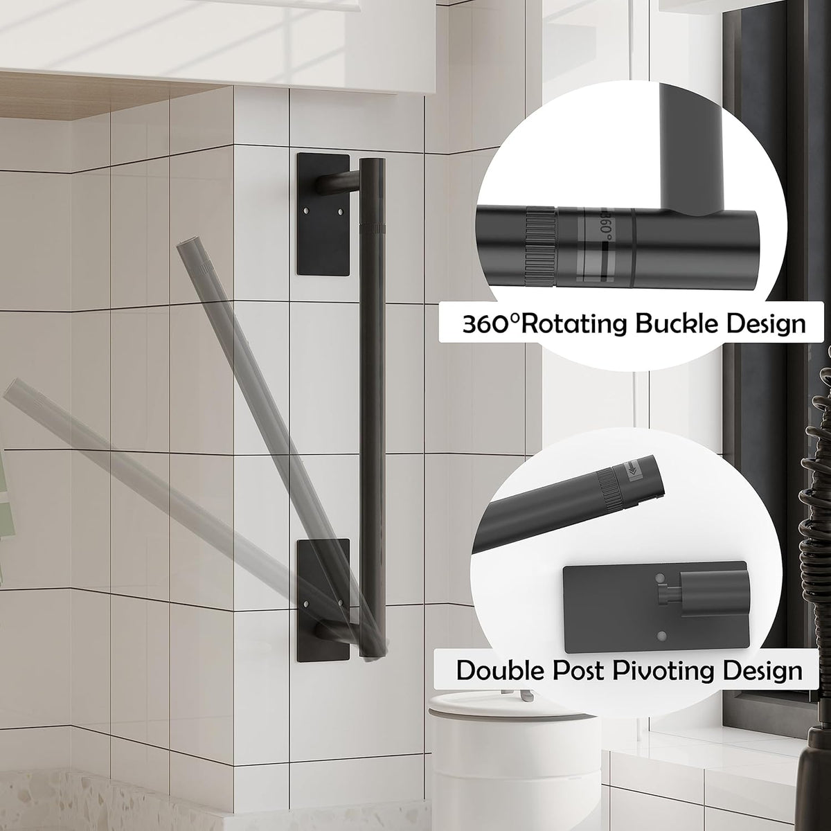 Ruacq Matte Black Paper Towel Holder Double Post Pivoting Square Base Under Cabinet Paper Towel Holder for Kitchen Self-Adhesive or Drill mounting
