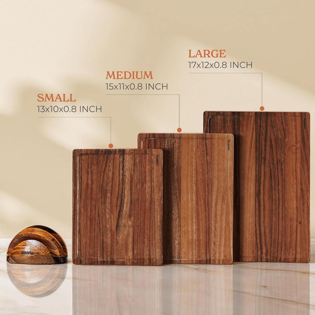 SMIRLY Walnut Wood Cutting Boards for Kitchen, Set of 3 with Holder Large - Small, Walnut Wooden Cutting Board Set with Deep Juice Grooves, Non Toxic Serving Tray, Perfect Mother's Day Gifts