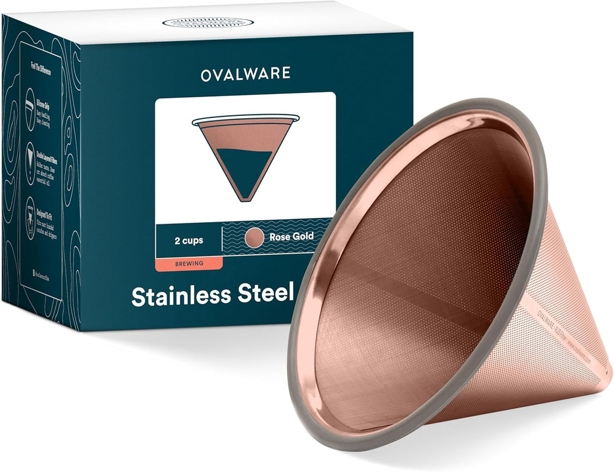 OVALWARE Paperless Stainless Steel Pour Over Coffee Filter – Reusable and Permanent Coffee Cone Dripper for Ovalware, Chemex, Hario and Other Carafes (Titanium Rose Gold)