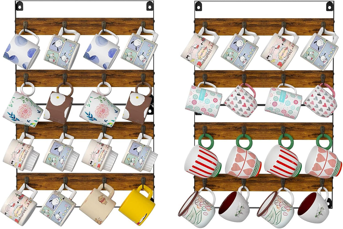 Rustic Wood Coffee Mug Rack - Wall Mount Cup Holder Shelf Storage for Kitchen, Home, Bar, Office (4 Pack, Holds 32 Mugs)
