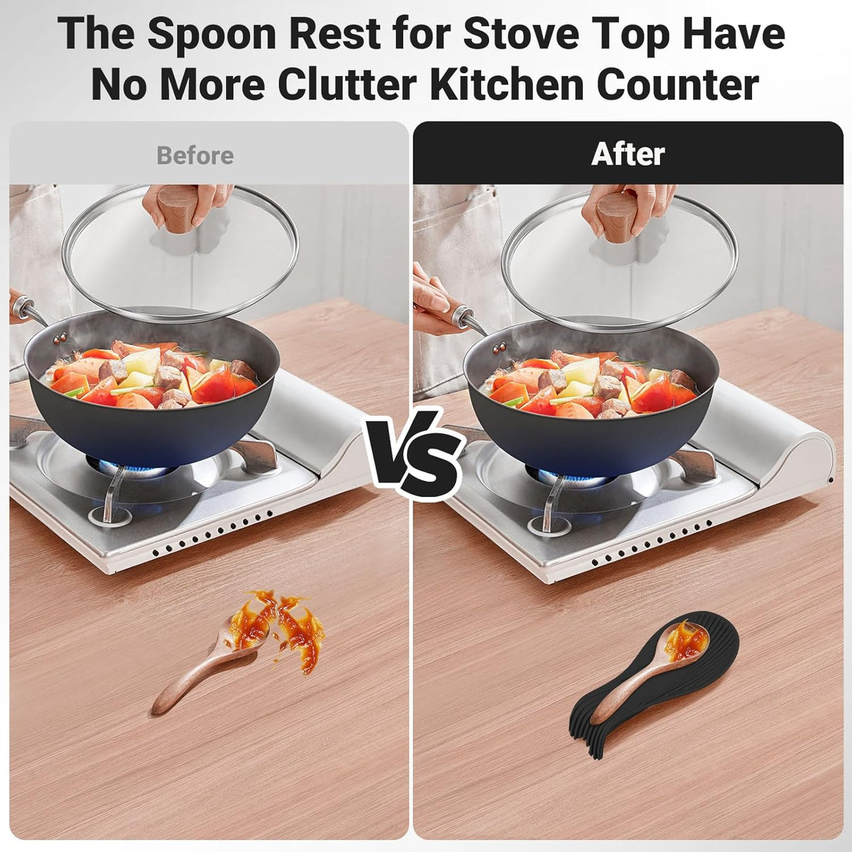 Heat Resistant Silicone Spoon Rest, Non-Slip Spoon Holder for Kitchen Counter, Silicone Spoon Rest for Stove Top for Spoons, Spatulas, Ladles, Tongs (Black)