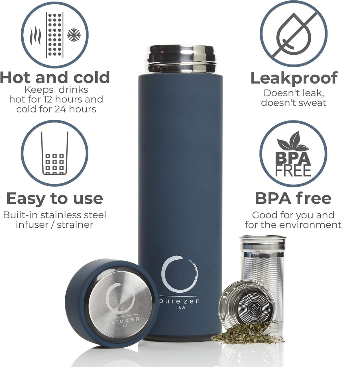 Pure Zen Tea Thermos with Infuser for Hot and Cold Infusions - Stainless Steel - Tea Infuser Bottle - Leakproof Travel Mug with Filter - 15oz - Blue