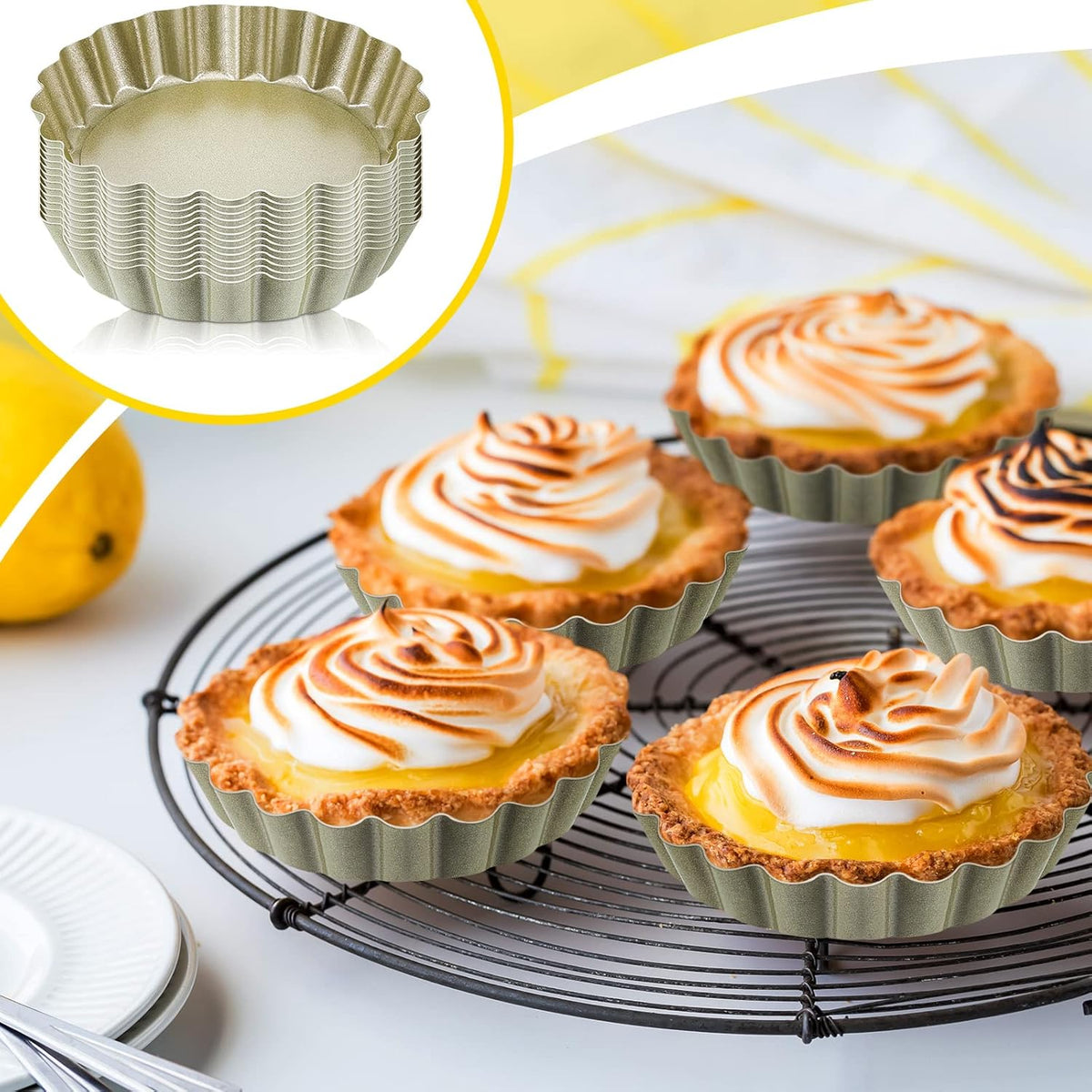 Uiifan 32 Pcs Mini Tart Pans Egg Tart Molds with Removable Bottom Round Nonstick Quiche Pan Mini Pie Pans Small Bakeware Mold Fluted Side for Mousse Cake Dessert Baking(4 Inch,Gold)