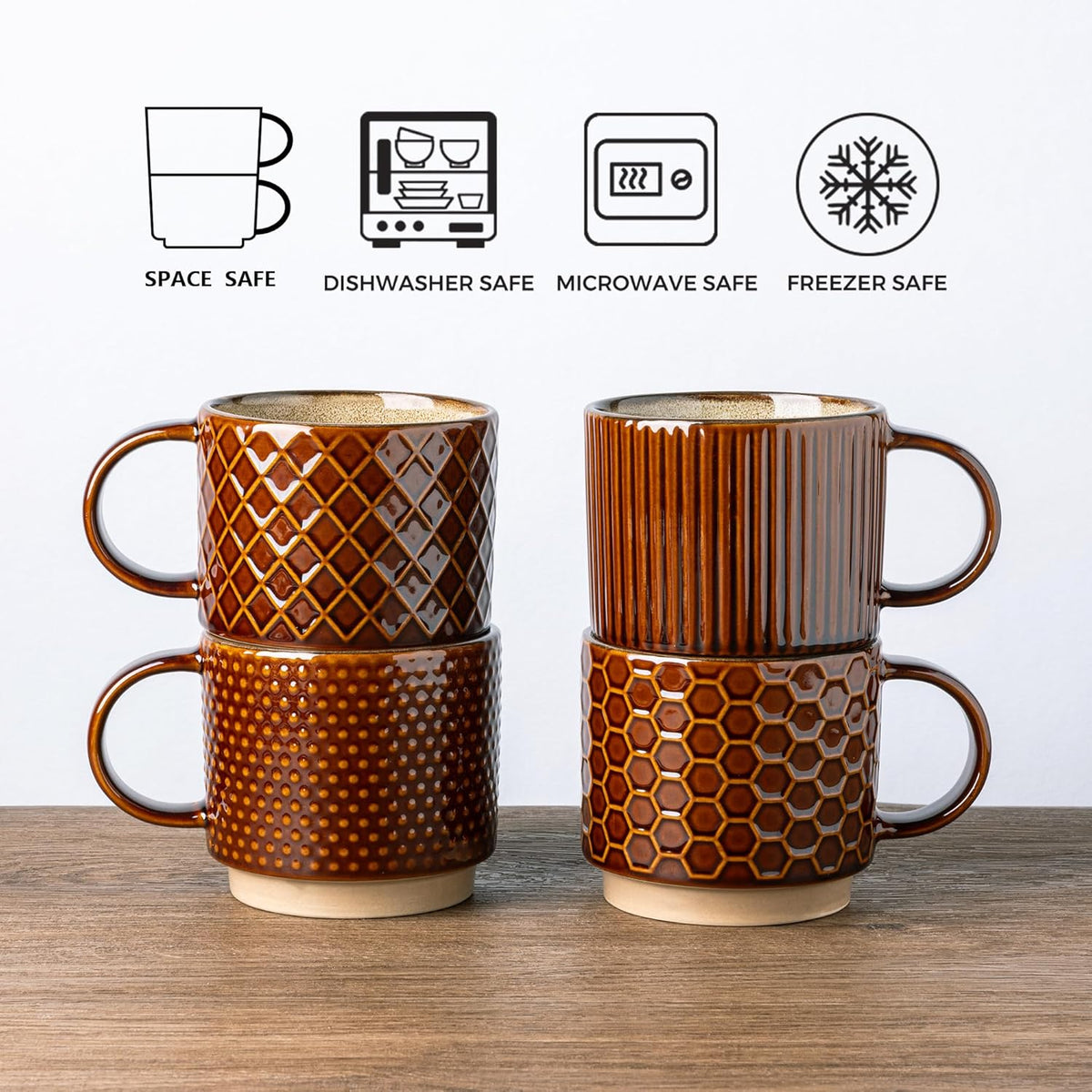 GBHOME 15OZ Stackable Coffee Mugs, Ceramic Coffee Cups with Texture Patterns for Man,Woman,Dad,Mom, Modern Coffee Mugs Set of 4 for Latte/Cappuccino/Cocoa. Dishwasher&Microwave Safe, Caramel