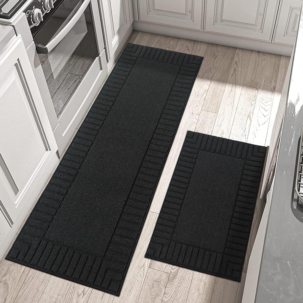 BEQHAUSE-Kitchen-Rugs-and-Mats,2 PCS Non Slip Kitchen Floor Mat,Absorbent Kitchen Rug Sets Machine Washable Kitchen Runner Rug Black Kitchen Mat 24x35inch/24x60inch