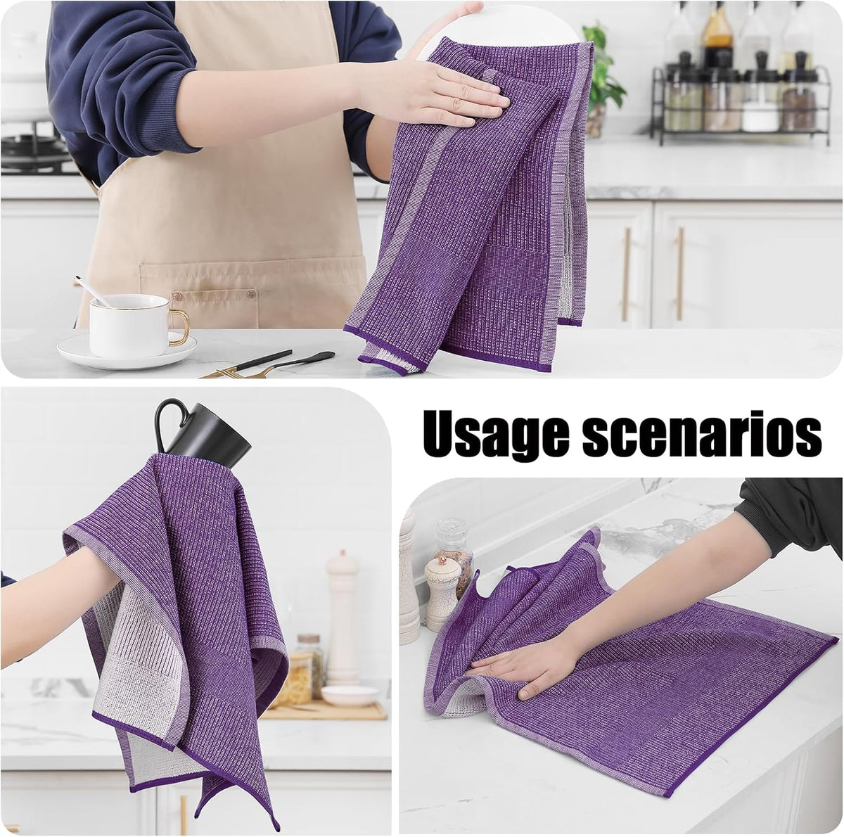 Homaxy Premium Kitchen Towels(18”x 28”, 6 Pack), Large Cotton Kitchen Hand Towels, Flat and Terry Dish Towels, 380 GSM Highly Absorbent Tea Towel Set with Hanging Loop, Purple