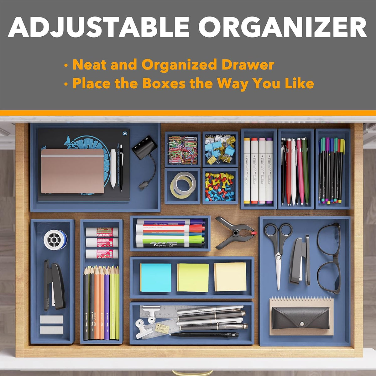 SpaceAid 14-Piece Bamboo Drawer Organizer Storage Boxes Set, Wood Tray Junk Drawer Organizers Multi-Use Divider Bins for Kitchen, Bathroom, Office Desk and Makeup Organization (14 Pack, Navy Blue)
