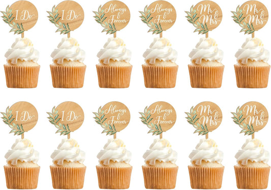 12 PCS Greeny Wedding Cupcake Toppers in Wood Mr & Mrs Engagement Cupcake Decorations