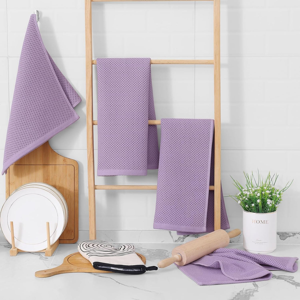 Homaxy 100% Cotton Waffle Weave Kitchen Dish Towels, Ultra Soft Absorbent Quick Drying Cleaning Towel, 13 x 28 Inches, 6-Pack, Lavender
