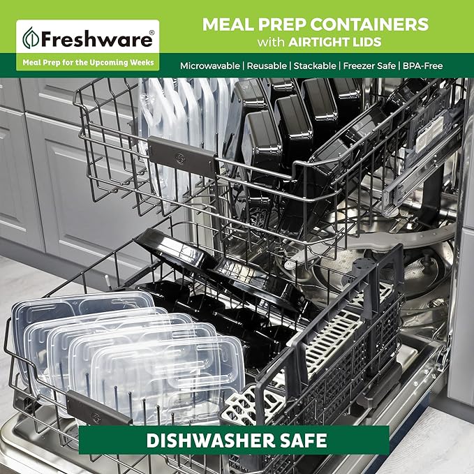 Freshware Meal Prep Containers [25 Pack] 3 Compartment with Lids, Food Storage Containers, Bento Box, Stackable, Microwave/Dishwasher Safe (32 oz)