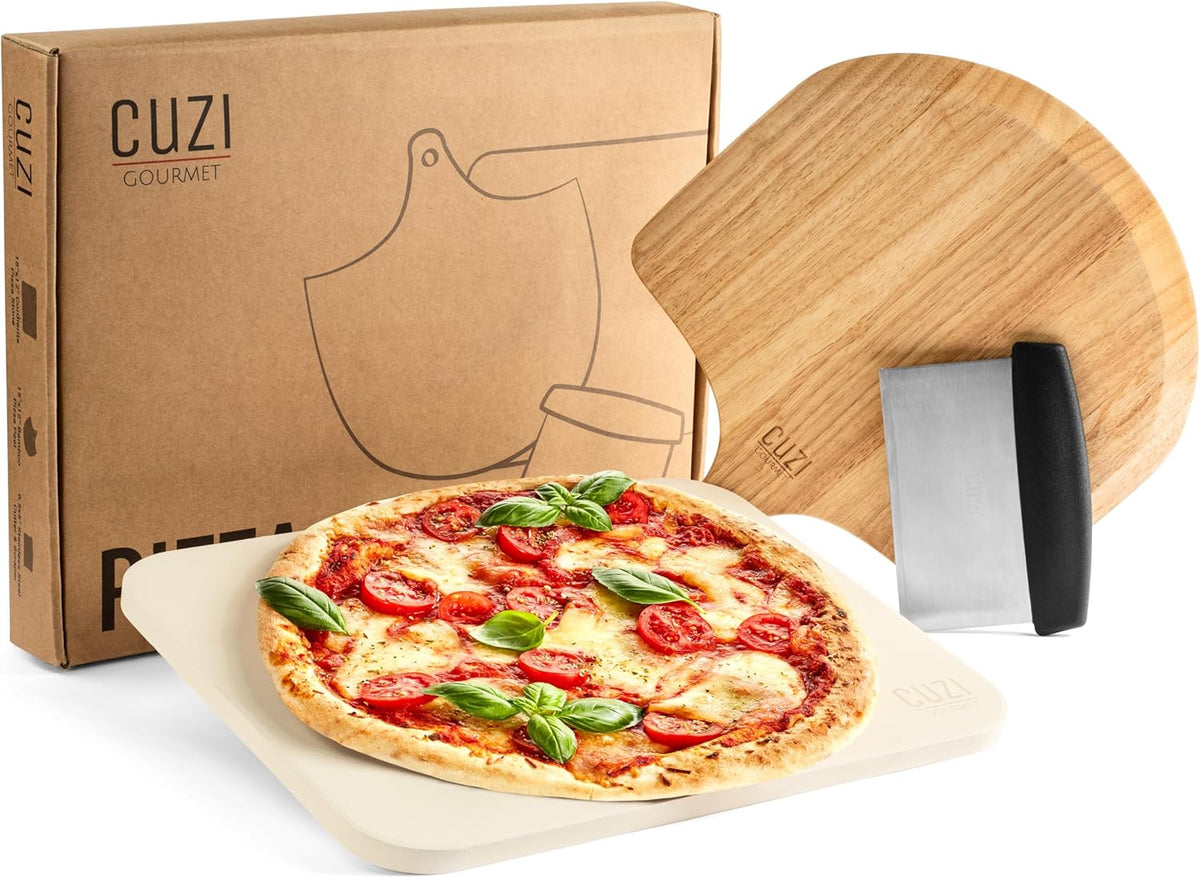 Cuzi Gourmet 3-Piece Pizza Stone Set - 15x12" Thermal Shock Resistant Cordierite Pizza Stone, 15x12" Natural Wood Pizza Peel & Pizza Cutter - Pizza Stone for Grill and Oven