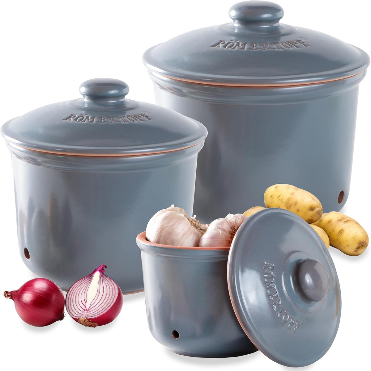 Romertopf Freshness Storage Potato Onion Garlic Clay Pot Set of 3 with Lids - Blue-gray