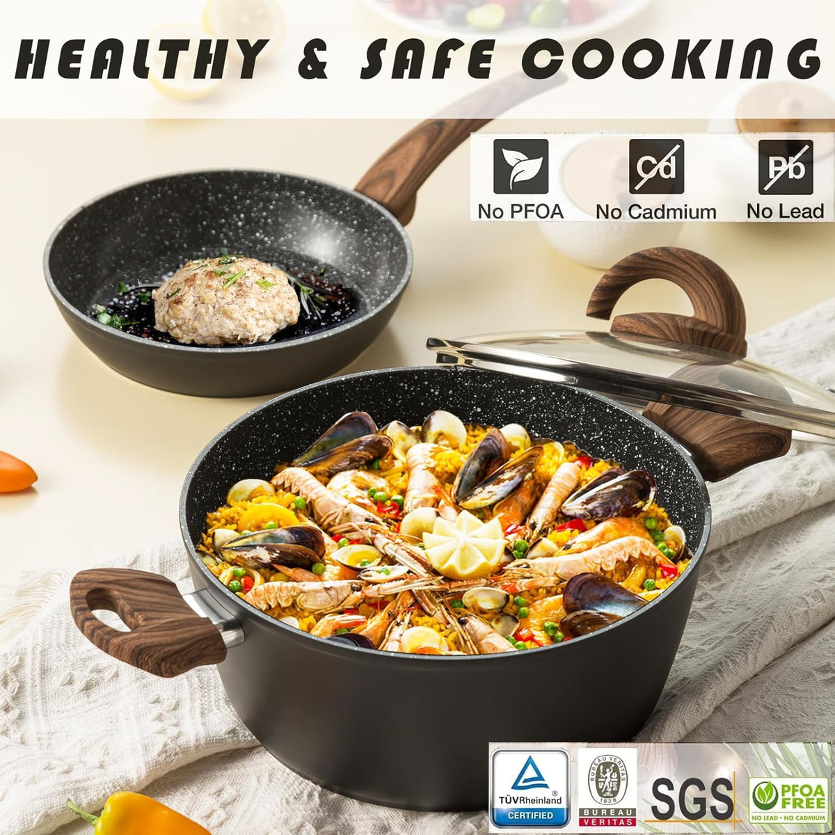 Non Stick Pots and Pans Set, Healthy Ceramic Cookware Set, 12pcs Kitchen Cooking Pots and Frying Sauce Saute Pans Set, PFAS-Free with Kitchen Utensils and Lid, Black