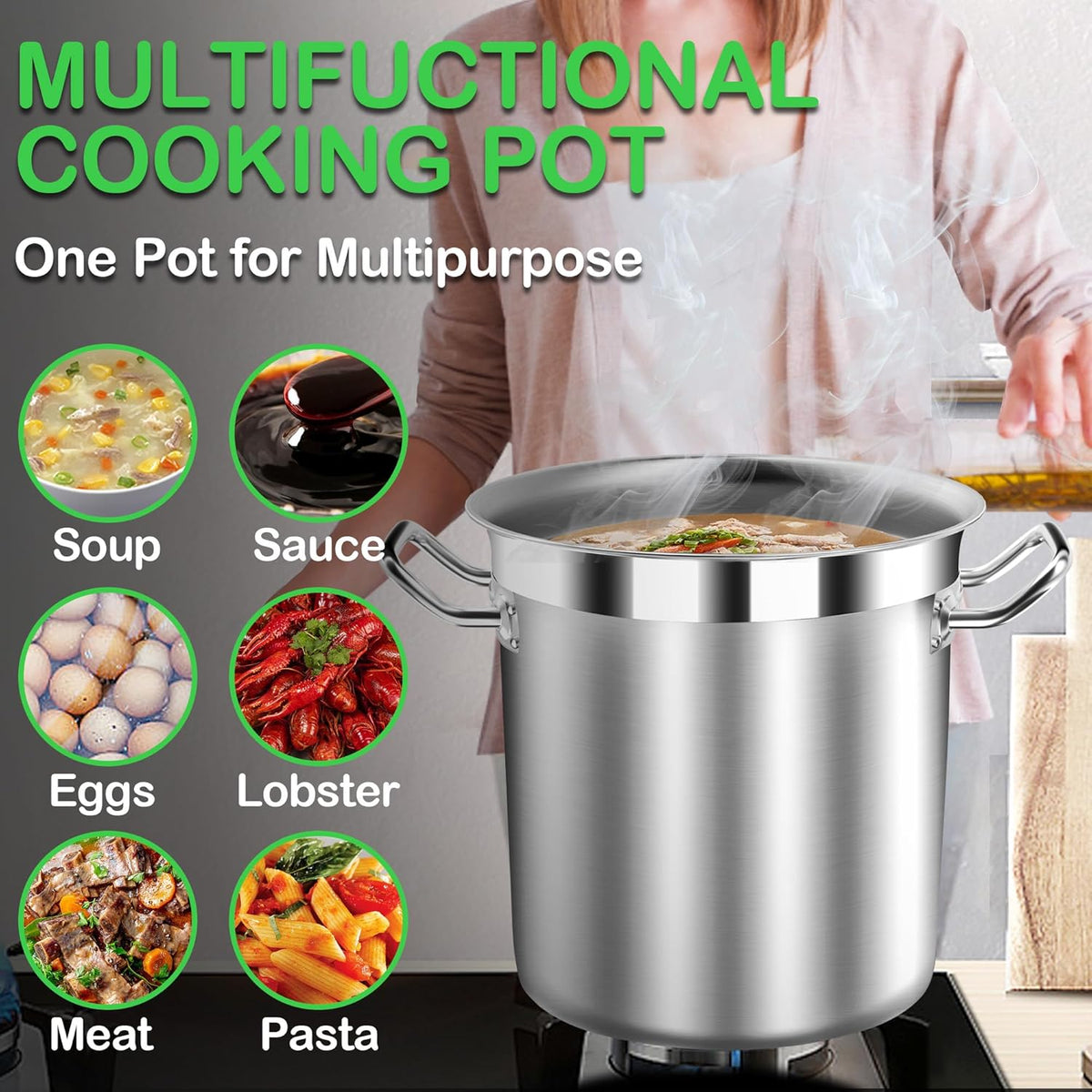 Large Stainless Steel Stock Pot with Lid – 24 Quart (6 Gallon) Heavy-Duty Cooking Pot for Soup, Stew, Pasta – Commercial & Home Use, Easy to Clean