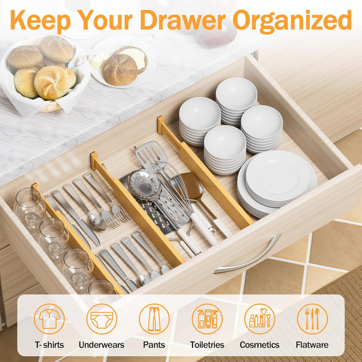 BAMBUROBA Bamboo Drawer Dividers, Adjustable Expandable Drawer Organization Separators - 17-22" for Bedroom, Bathroom, Dresser and Office - 8-Pack