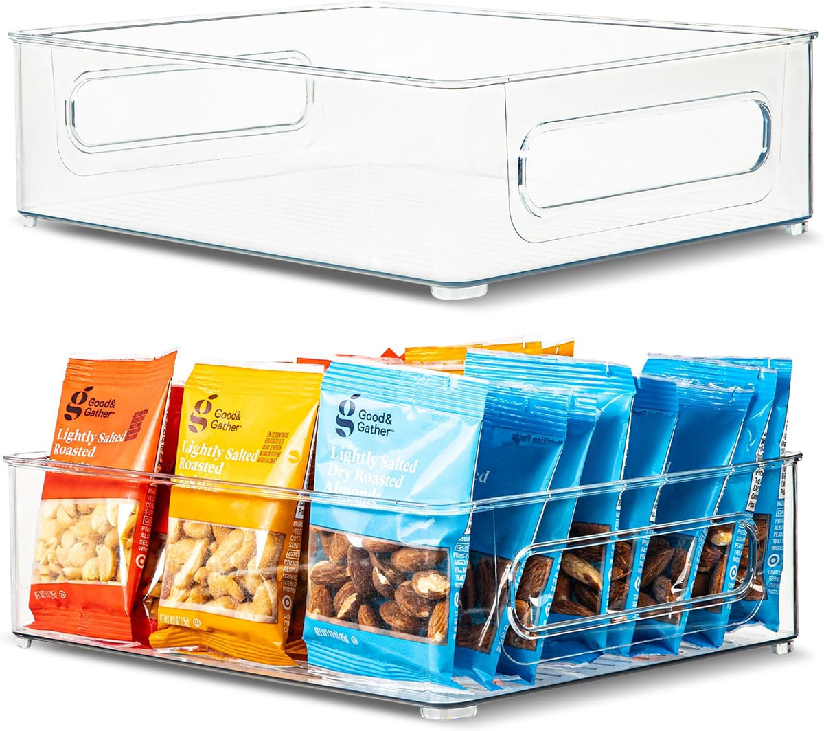 Plastic Food Storage 2 pack Clear Container Bin with Handles for Organizing Kitchen, Pantry, Refrigerator, Freezer, Pantry, Cabinet, Closet, Bathroom. Stackable 10”x8”x3”