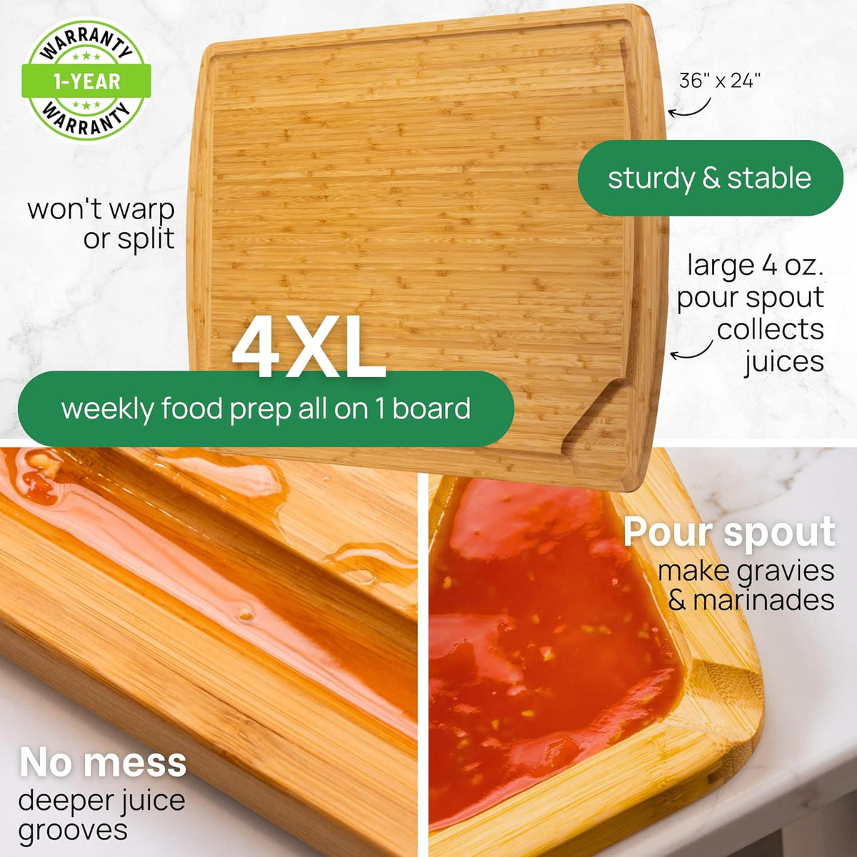 4XL Bamboo Butcher Block Cutting Board - Extra Large Cutting Boards for Kitchen 36 x 24 - Wood Countertop 24 x 36 Cutting Board - Single Tone