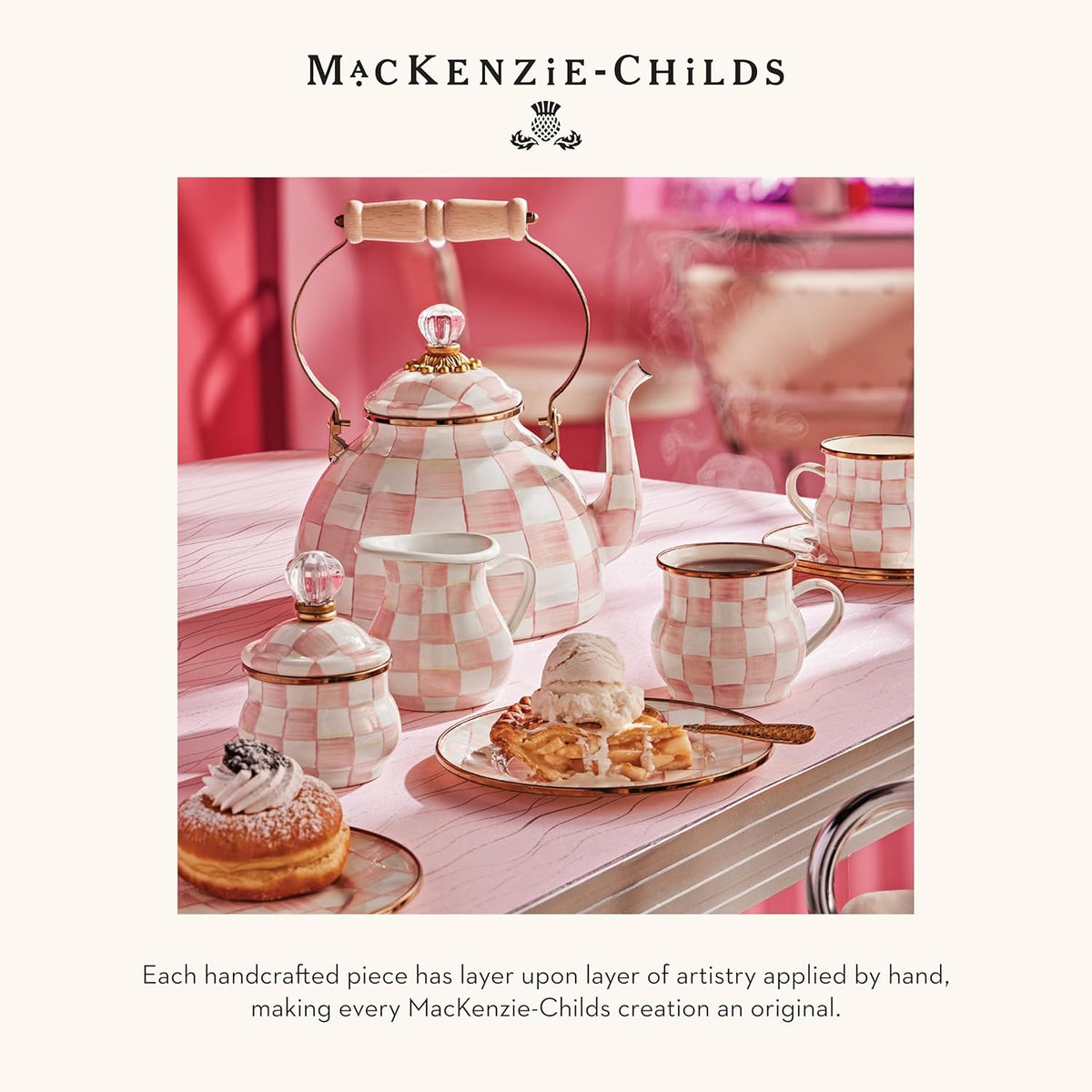 MACKENZIE-CHILDS Enamel Utensil Holder, Kitchen Utensil Holder for Countertop, Storage Caddy, Pink-and-White Rosy Check