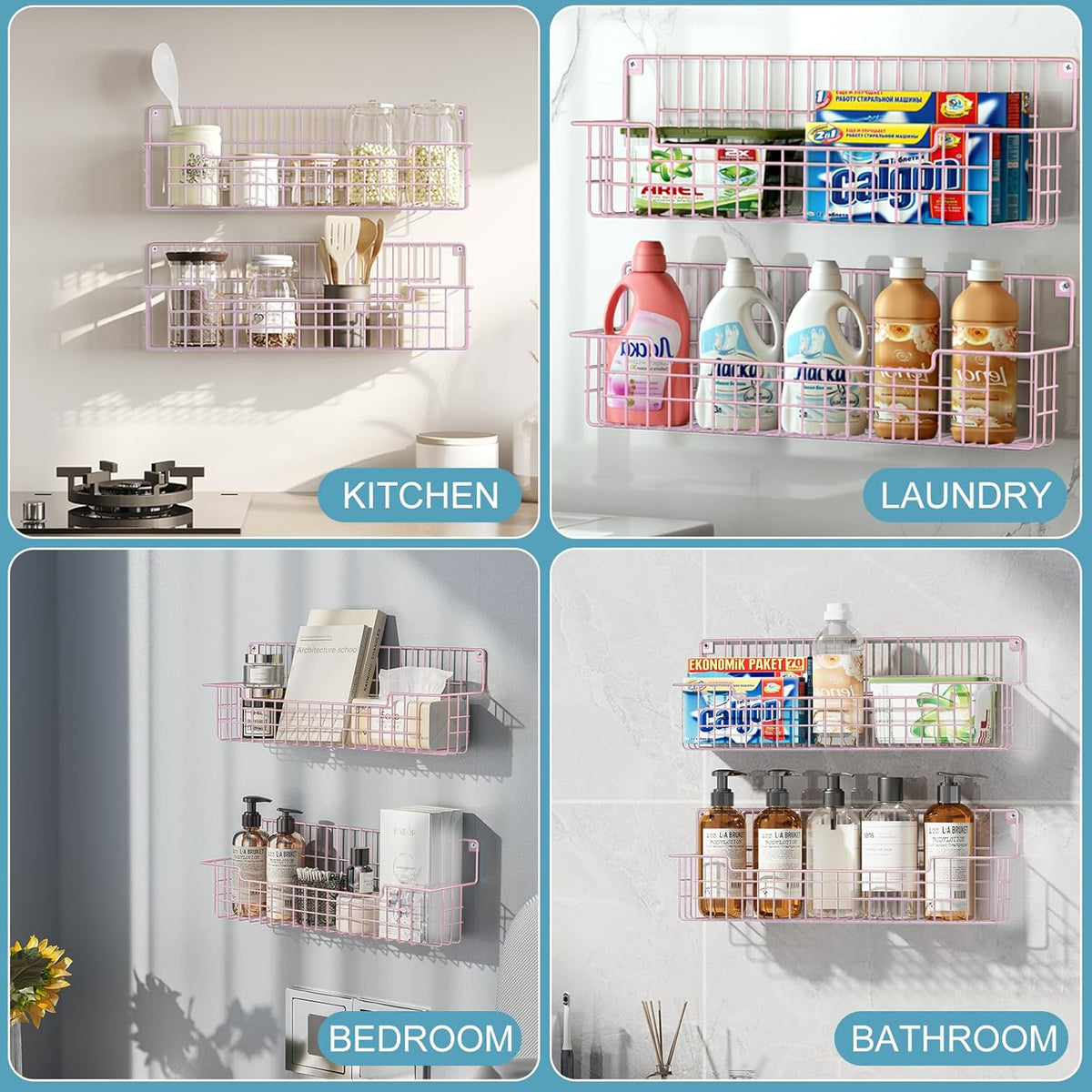 Spice Rack, 4-Pack Seasoning Organizer Wall Mounted for Kitchen Storage Organization, Metal Spice Holder Shelf for Cabinet, Pantry, Pink