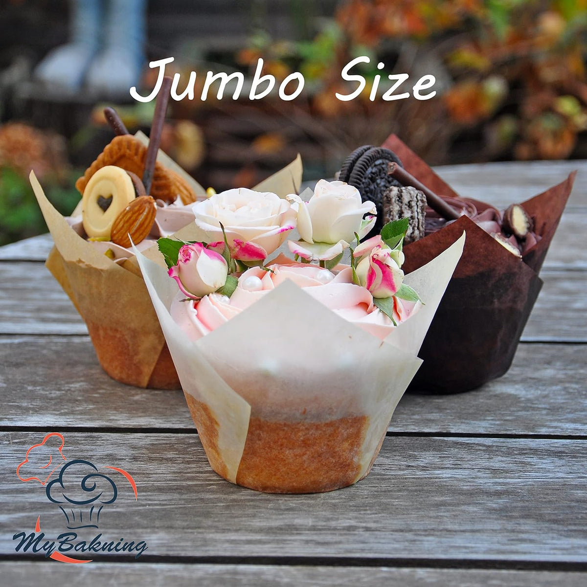 (JUMBO EXTRA LARGE size) Natural+Brown+White Tulip Baking Cups 2-1/4"(Base diameter) x 3-3/4"(Wall height) Greaseproof paper baking cupcake Muffin liners, Case of 130 pcs