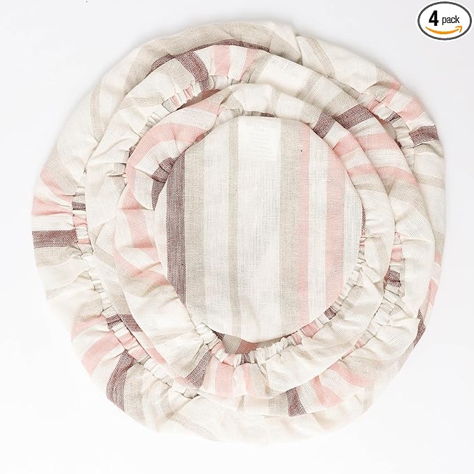100% Linen Bowl Covers Reusable For Bread Proofing, 4 Pcs Elastic Cloth Fabric Colorful Stripe Bowl Covers, 5.9 * 7.9 * 9.8 * 11.8 Inches, Colorful 3