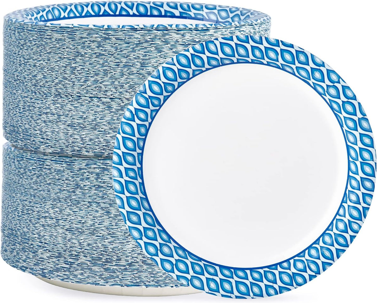 MUCHII 8.375 Inch Disposable Paper Plates, 300 Count Soak and Cut Proof Printed Paper Plates for Daily Use, Holiday for Family Gatherings, Parties, Picnic