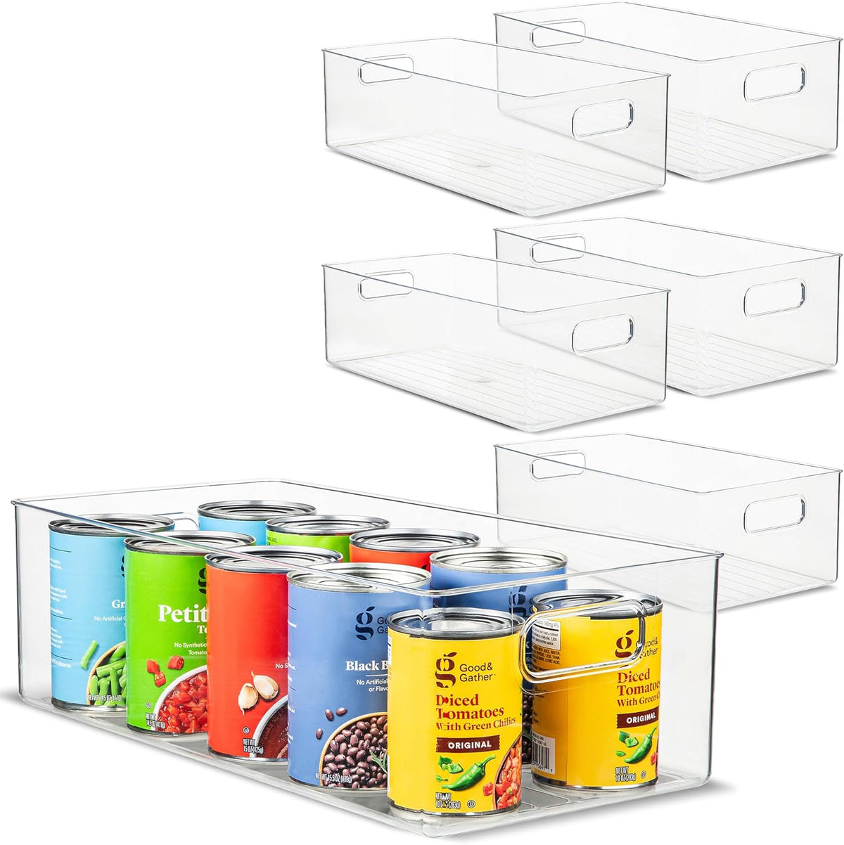 Plastic Food Storage 6 Pack Clear Container Bin with Handles for Organizing Kitchen, Pantry, Refrigerator, Freezer, Pantry, Cabinet, Closet, Bathroom. 14”x8”x5”