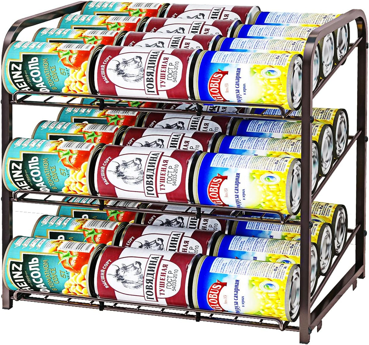 AIYAKA 3 Tier Stackable Can Rack Organizer–12.2" D x 16.6" W x 14.5" H,for food storage,kitchen cabinets or countertops,Storage for 36 cans,Bronze