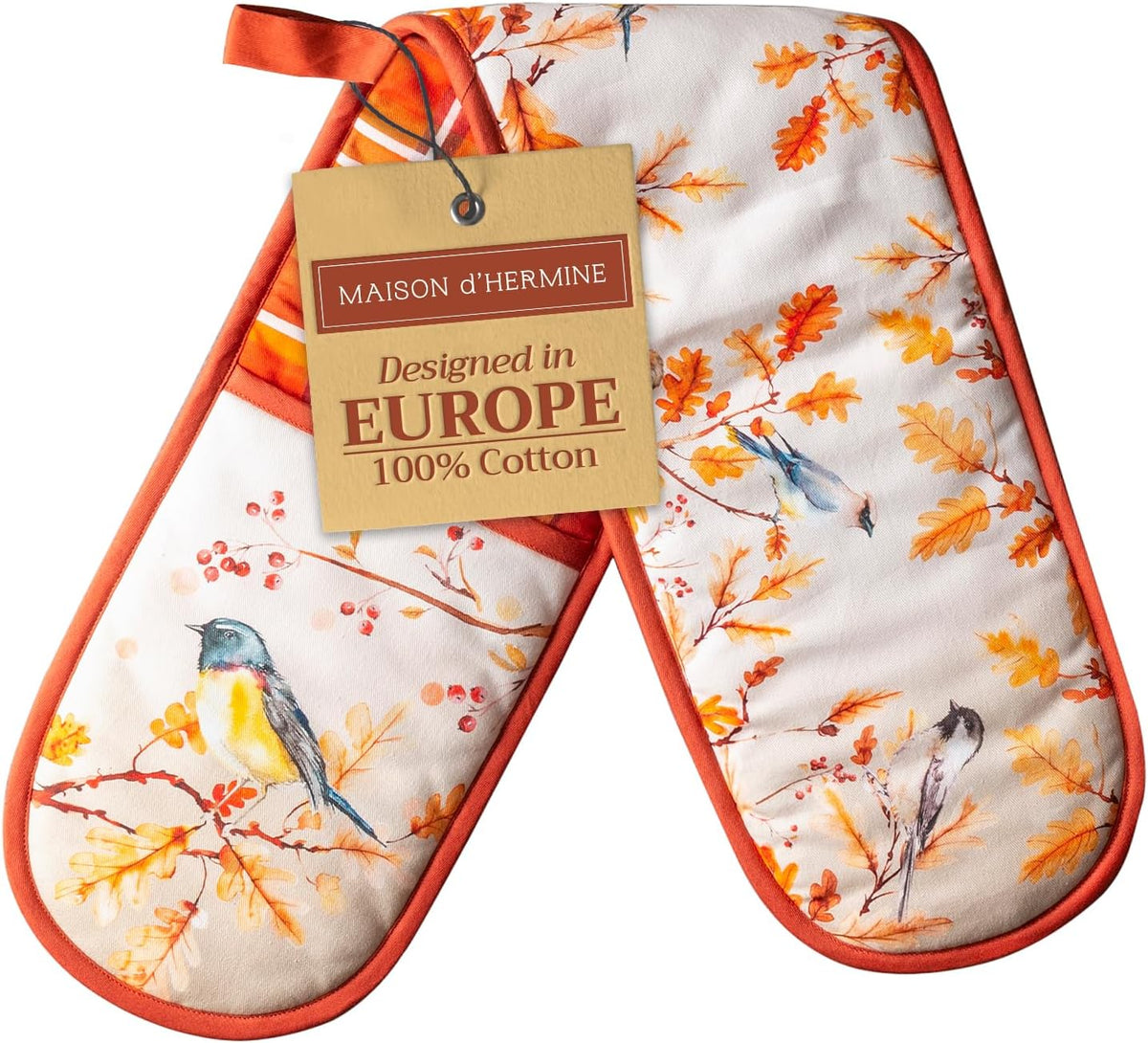 Maison d' Hermine Double Oven Mitt 100% Cotton Heat Resistant Cooking Gloves with Loop, Baking Barbeque, Handling Hot Pan, Oak Leaves - Thanksgiving/Christmas (7 Inch x 35 Inch)