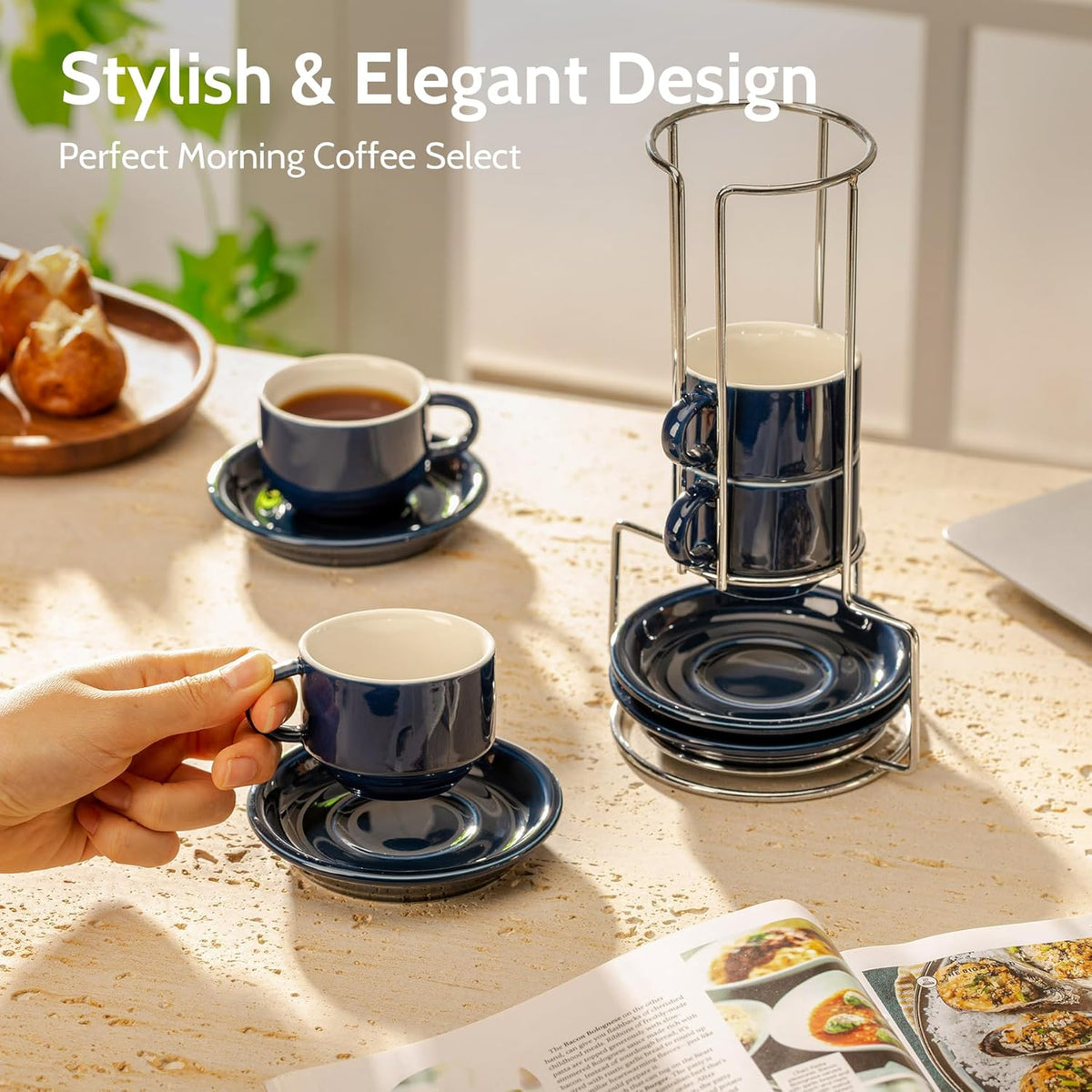 Sweese 4 Ounce Porcelain Stackable Espresso Cups with Saucers and Metal Stand Set of 4, Navy