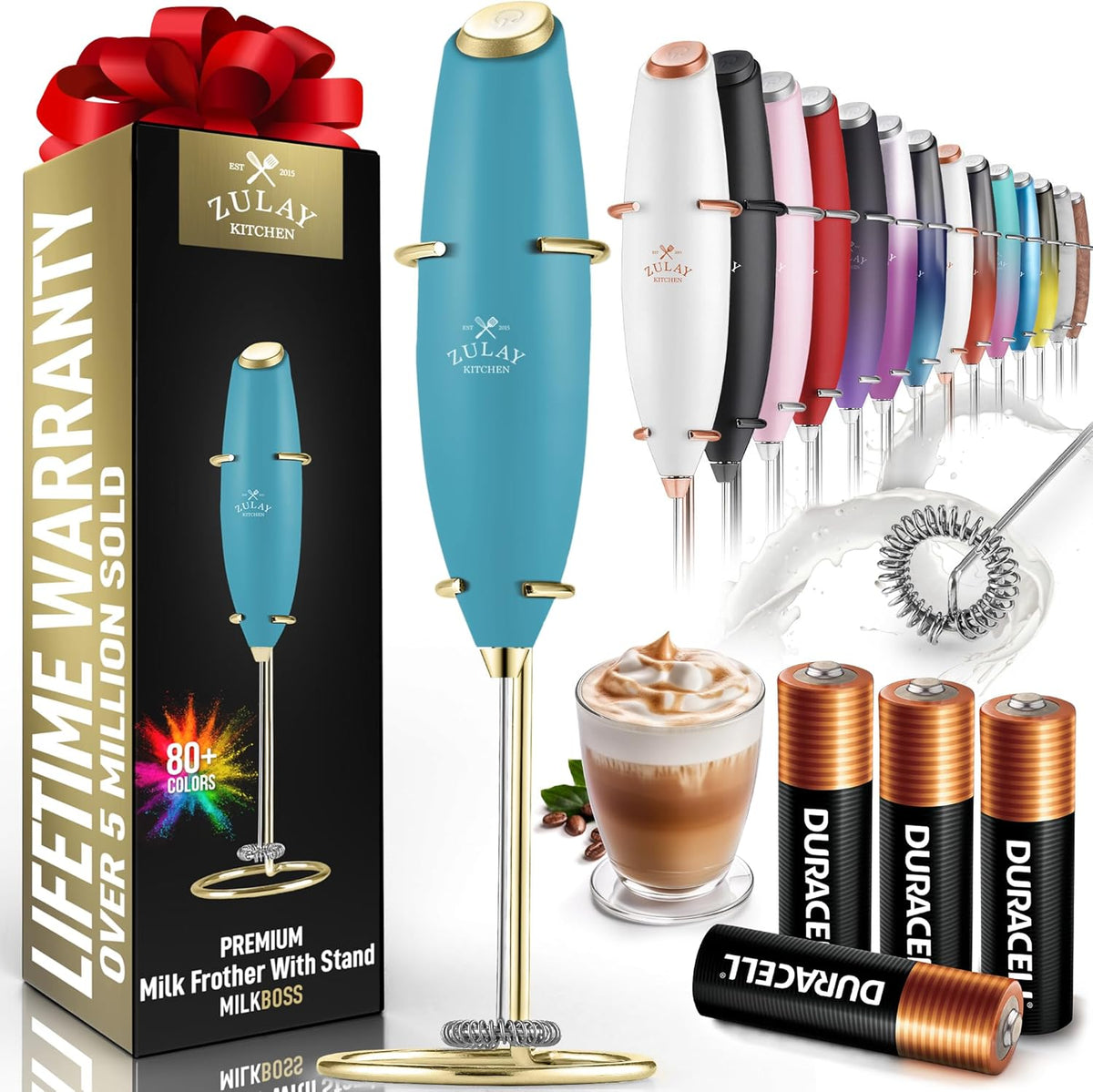 Zulay Kitchen Powerful Milk Frother Wand With 4 AA Duracell Batteries - Ultra Fast Handheld Drink Mixer - Electric Whisk Foam Maker for Coffee, Lattes, Cappuccino, Matcha & Creamer -