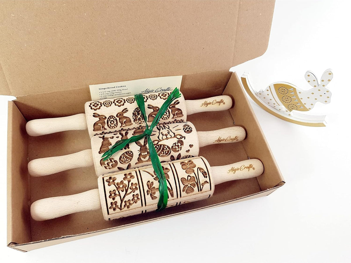 EASTER 3 Mini Embossed Rolling Pin Set. Wooden Laser Cut Embossing Rolling Pins for Embossed Cookies. Easter, Rabbit, Egg, Chicken, Spring, Flowers from Algis Crafts