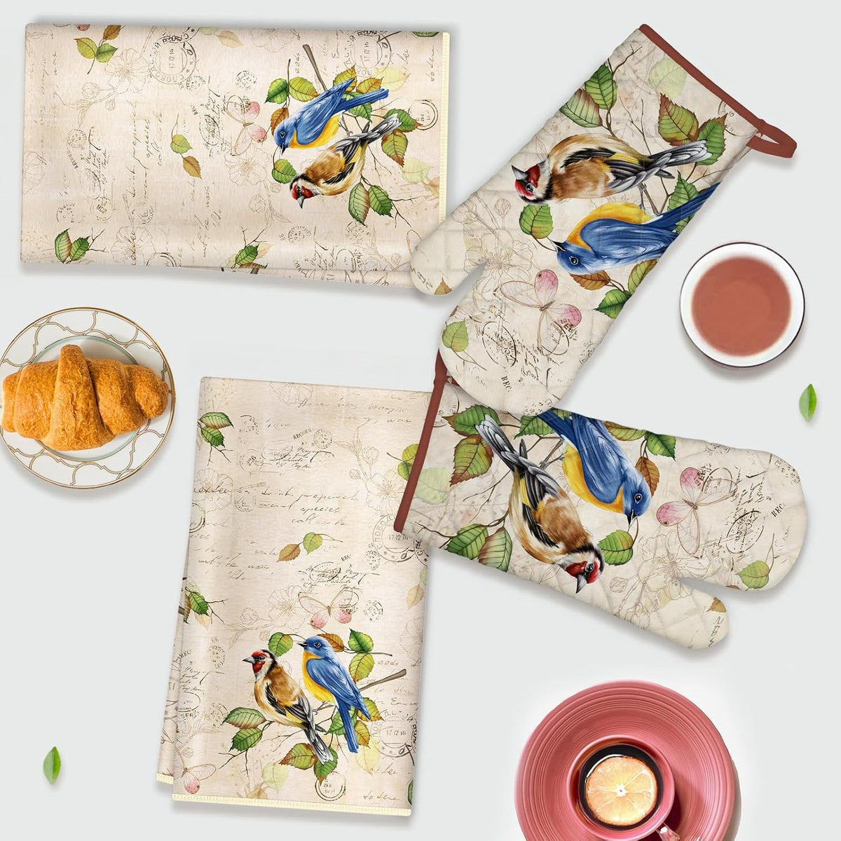 Vintage Bird Kitchen Towels and Oven Mitts Set 4Pcs, Soft Absorbent Dish Cloth Heat Resistant Oven Gloves for Cooking Baking Kitchen Decoration, Gifts for Her