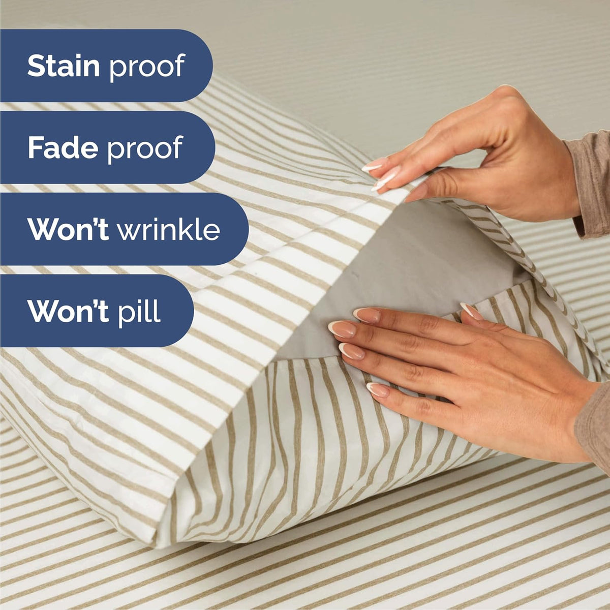 Queen Size 4 Piece Sheet Set - Comfy Breathable & Cooling Bed Sheets Set - Hotel Luxury Bedding for Women, Men, Kids, Teens, Boys & Girls - Deep Pockets and Wrinkle Free - Oeko-Tex - Beige Stripes 2