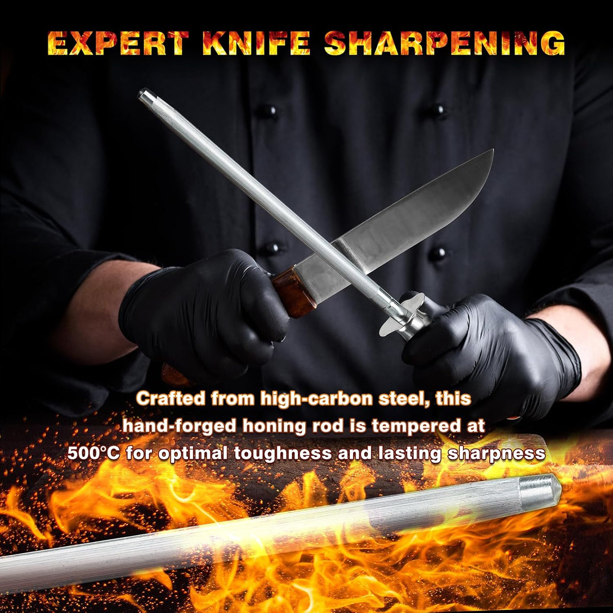 Knife Sharpener Rod, Kitchen Knives Sharpener Carbon Steel Professional Knife Sharpening Steel, Honing Rod with Hanging Holes (13 inches), J