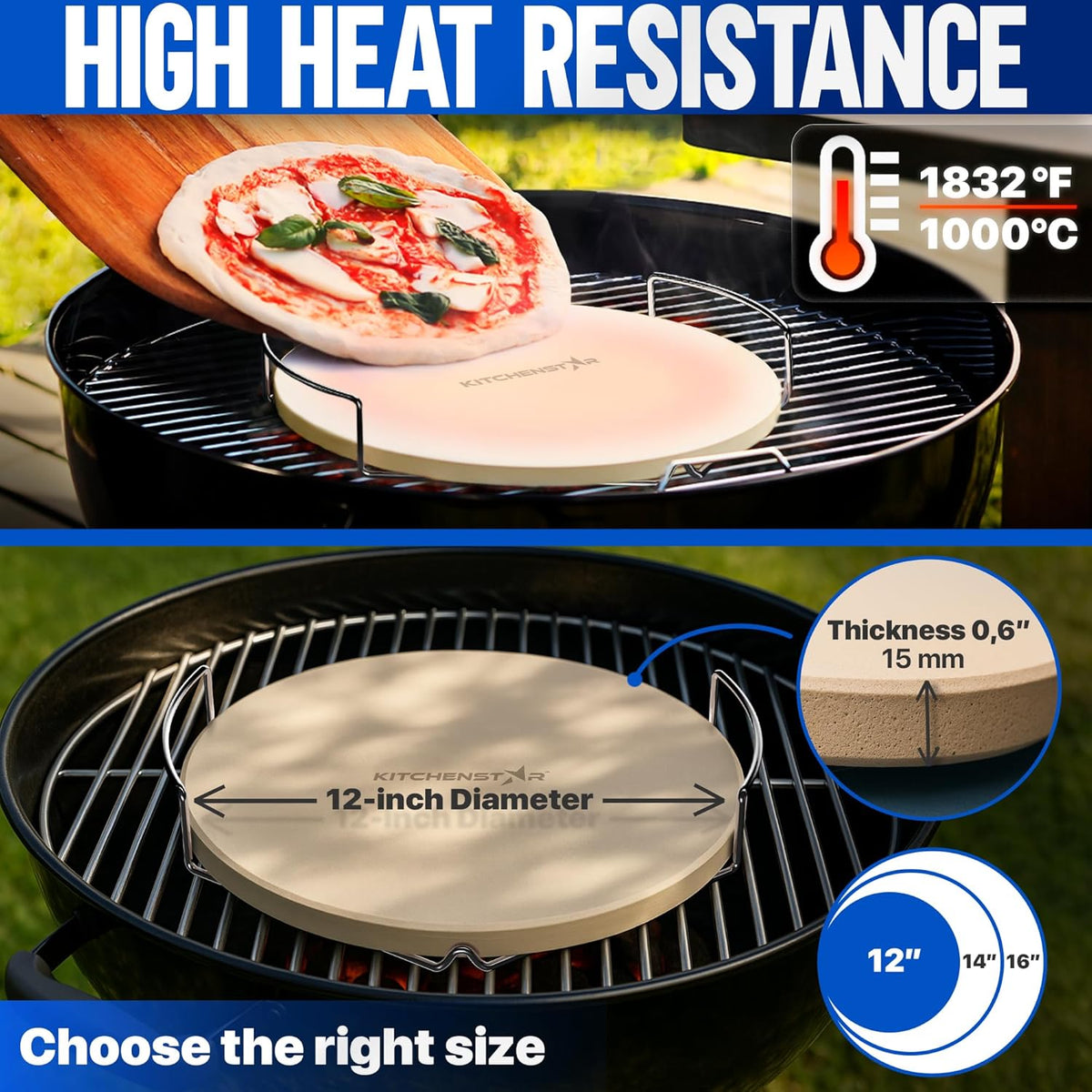 KitchenStar 12-inch Pizza Stone for Oven and BBQ Grill with Handles, Round, 5/8" Thick - Natural Cordierite, 1800 °F Resistant, Baking Stone Set with Stainless Steel Rack & Plastic Scraper Tool