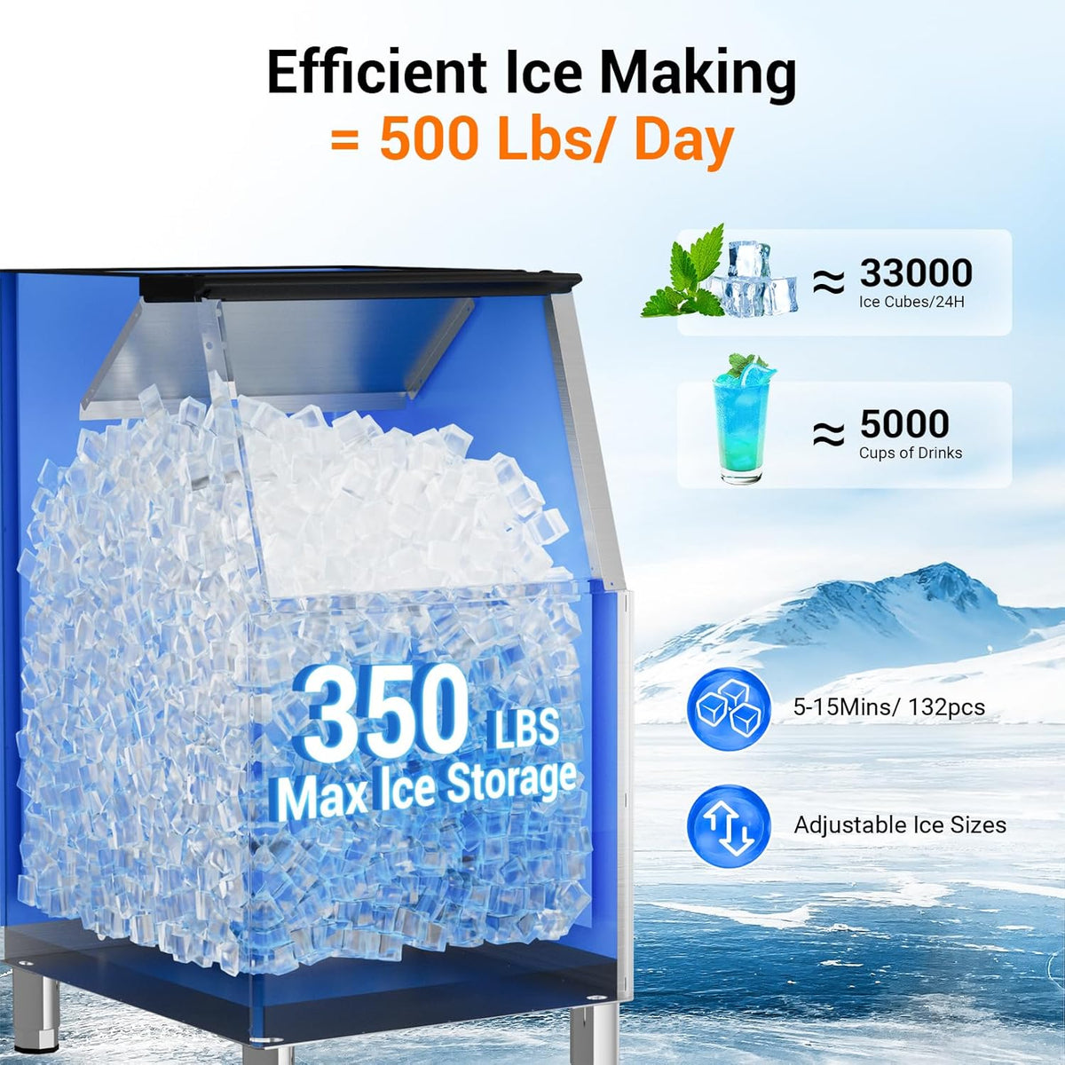 500 LBS/24H Commercial Ice Machine Maker with 350LBS Storage Bin, Large Industrial Ice Maker, Self-Cleaning, Timing Function, 132 Ice Cubes in 5-15min, 30 Adjustable Ice Thicknesses