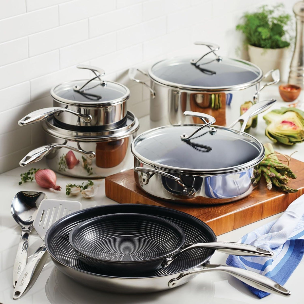 Circulon Clad Stainless Steel Cookware Pots and Pans and Utensil Set with Hybrid SteelShield and Nonstick Technology, 12 Piece - Silver