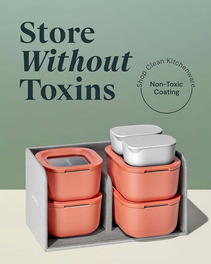 Caraway Mini Food Storage 11pc Set - Glass Storage Containers for Food - Non-Toxic Ceramic-Coated Glass - Air Release Technology - Compact & Stackable Design - Perracotta