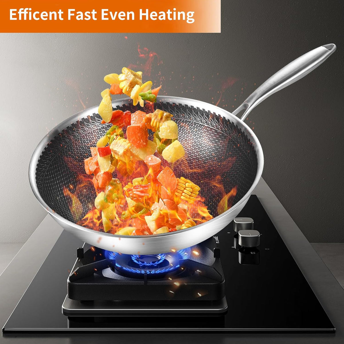 DELARLO 12" Nonstick Wok Pan With Lid, Tri-Ply Stainless Steel Saute Pan with Lids, 600℉, 5QT Deep Frying pan, Induction Wok Nonstick,Woks & Stir-Fry Pans