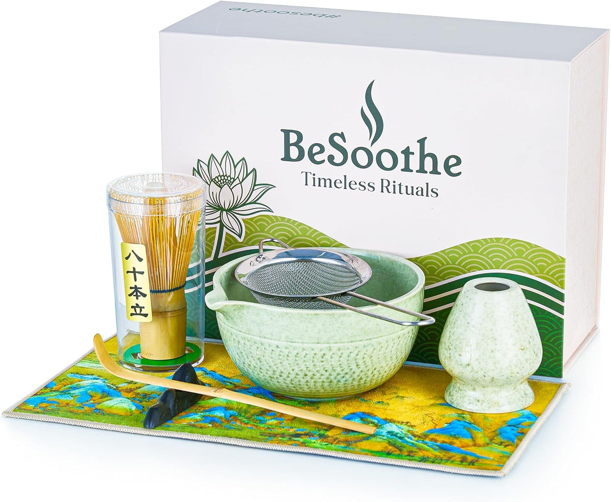 BeSoothe Matcha Whisk Set - Premium Matcha Set 7 Pcs - Ceremony Matcha Powder Kit - Matcha Tea Set for Making Latte - Matcha Whisk Set and Bowl with Scoop&Sifter, Ceramic Bowl - Gift for Matcha Lovers