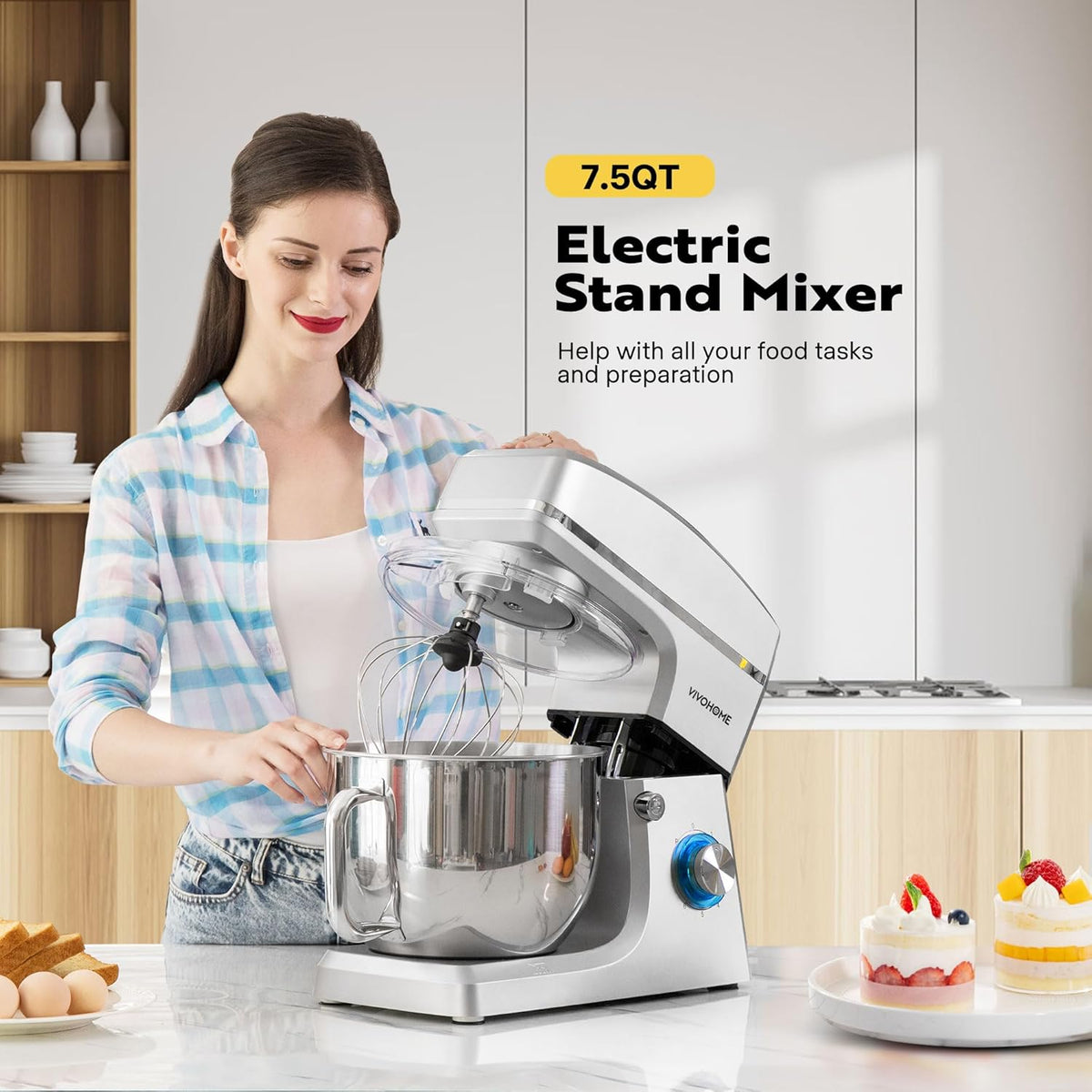 VIVOHOME 7.5 Quart Stand Mixer, 660W 6-Speed Tilt-Head Kitchen Electric Food Mixer with Beater, Dough Hook, Wire Whip, and Egg Separator, Silver