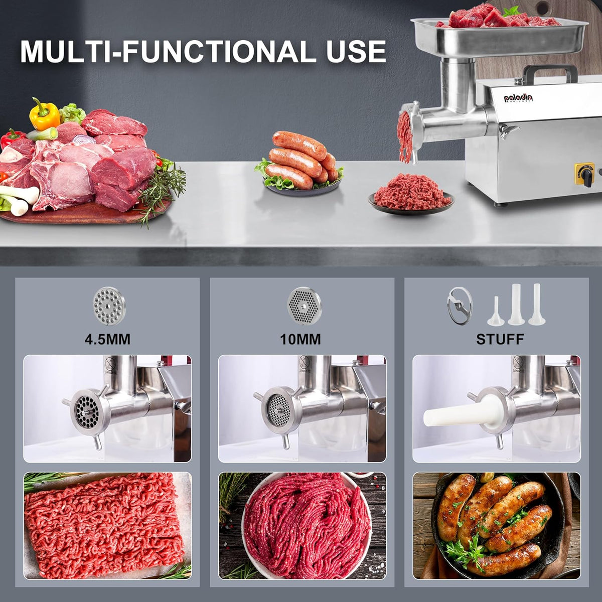#32 Electric Commercial Meat Grinder Machine, 21 lbs Per Minute, 2 HP Heavy Duty Stainless Steel Meat grinder with sausage sufffer, Ideal for deer processing, Pet Food,Heavy Use