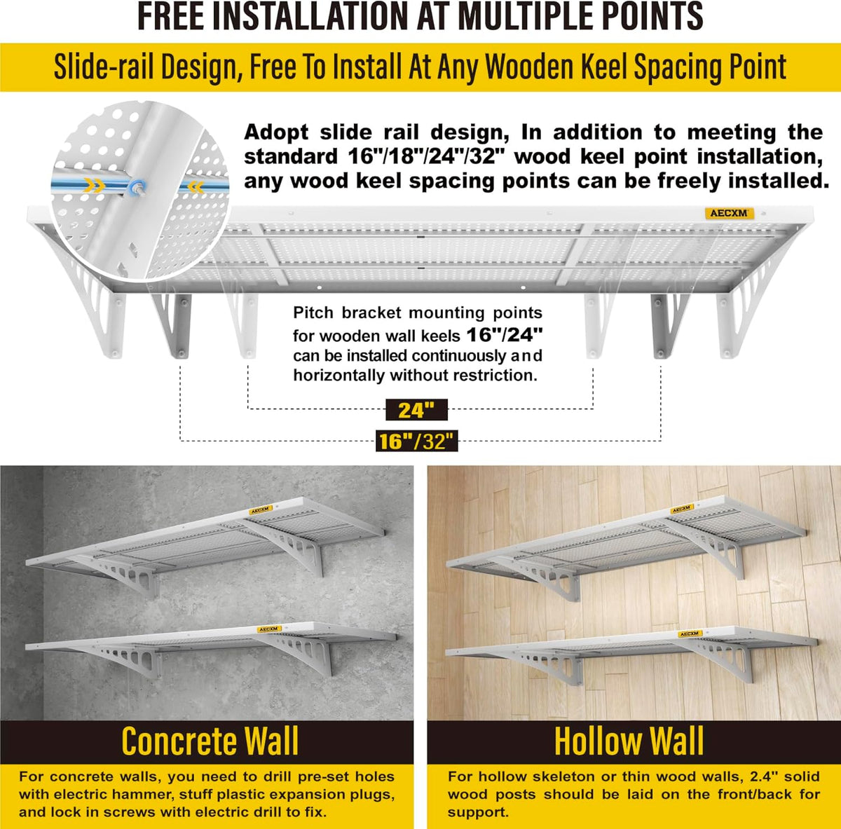 2-Pack 1.64x4ft Adjustable Garage Wall Shelving 560lbs Load Capacity Heavy Duty Wall Mounted Storage Shelf Metal Floating Shelves for Garage(White)