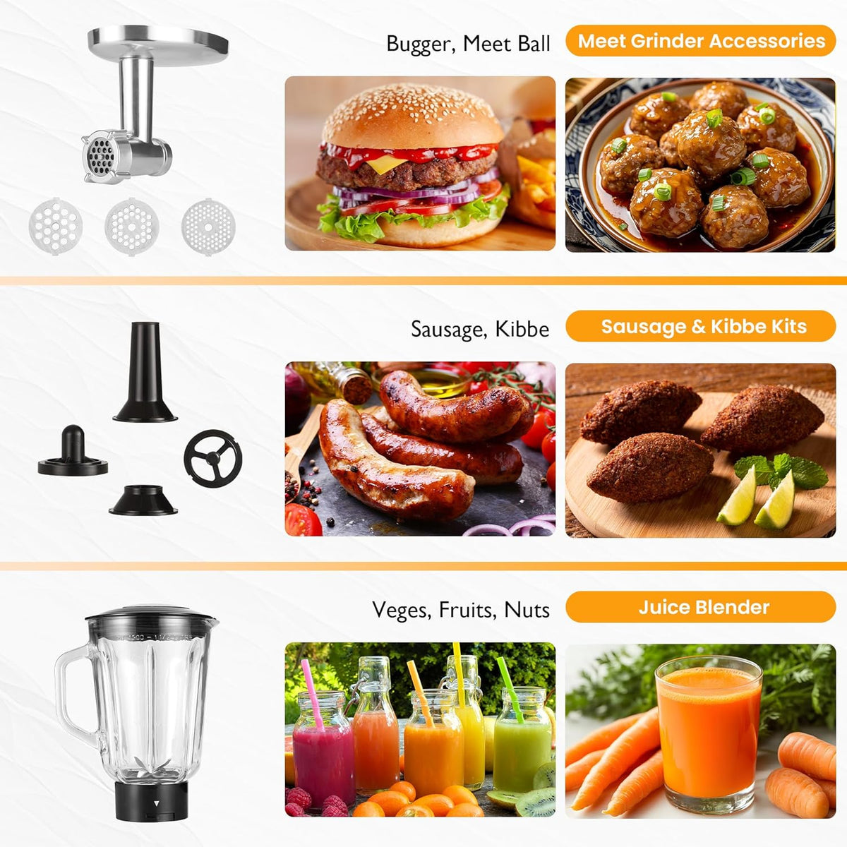 Sunvivi 3-in-1 Multifuctional Stand Mixer: 400W Kitchen Electric Mixer, Tilt-Head, 6.5QT Dough Mixer Machine with Stainless Steel Bowl, Meat Grinder, Juice Blender – Ideal for Baking, Cooking