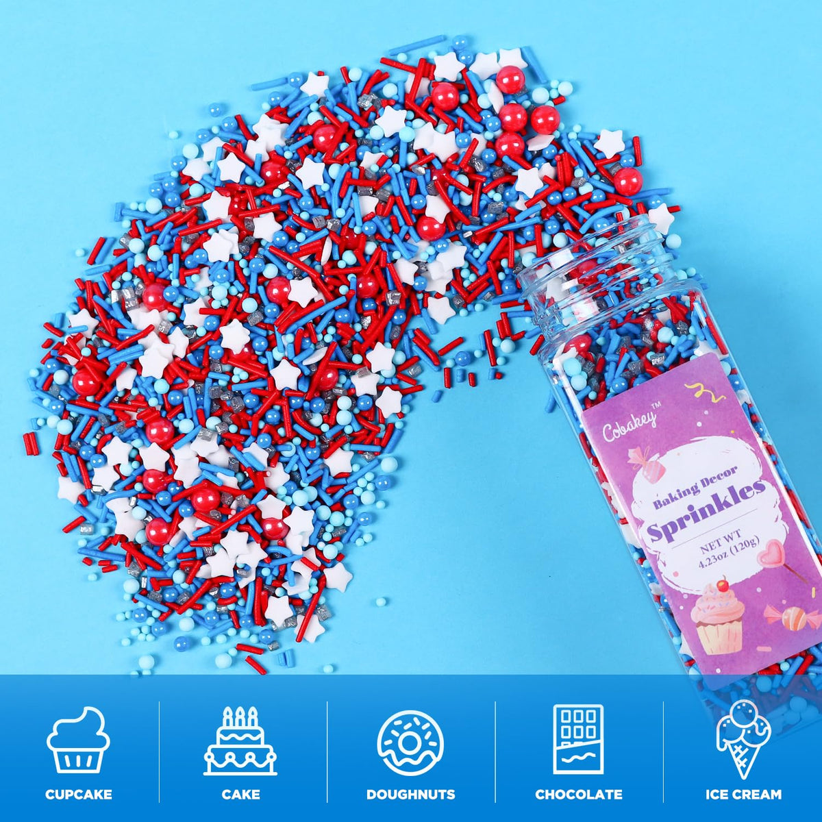 Cobakey Patriotic Sprinkles for Baking, Red White and Blue Sprinkles for Cupcakes, 4th of July Sprinkles Perfect for Independence Day Dessert Party 4.23 Ounce